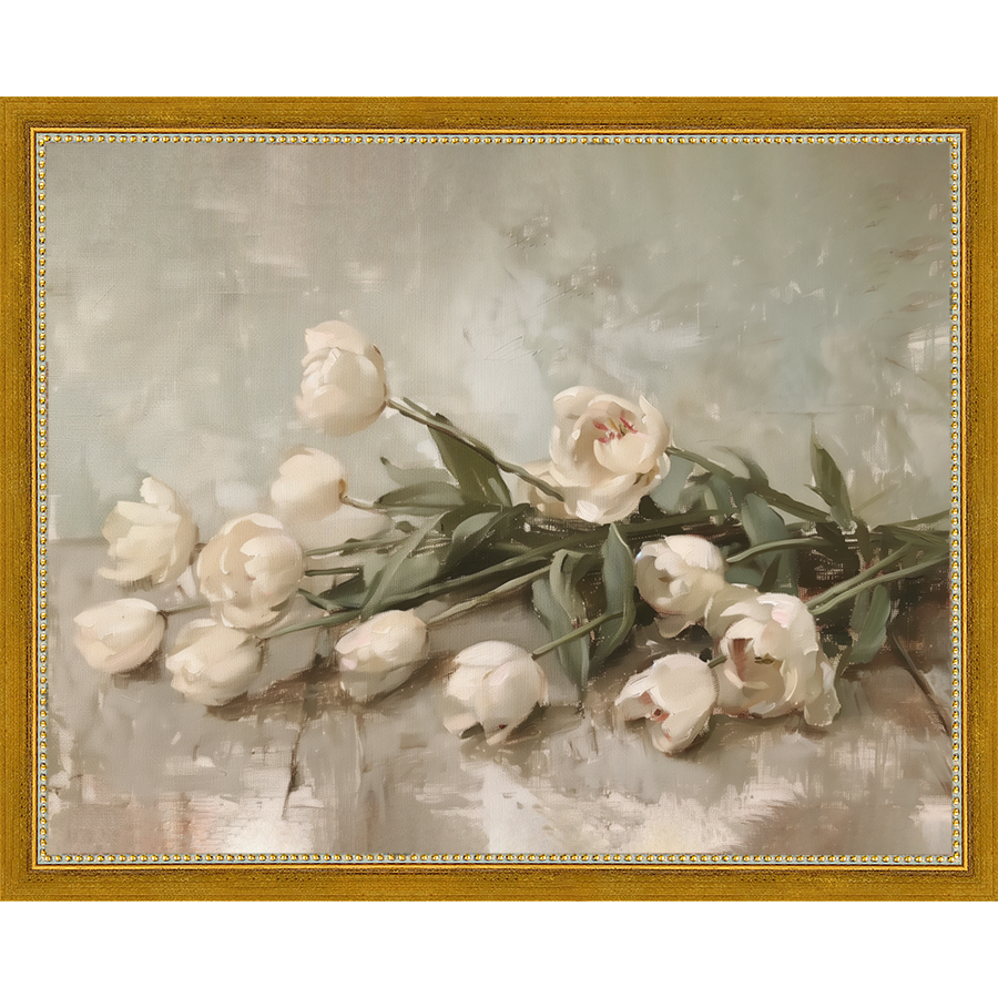 SA349-WHITE TULIPS Hand framed in a transitional gold frame. Finished Size: W 15.25 in x H 12.25 in