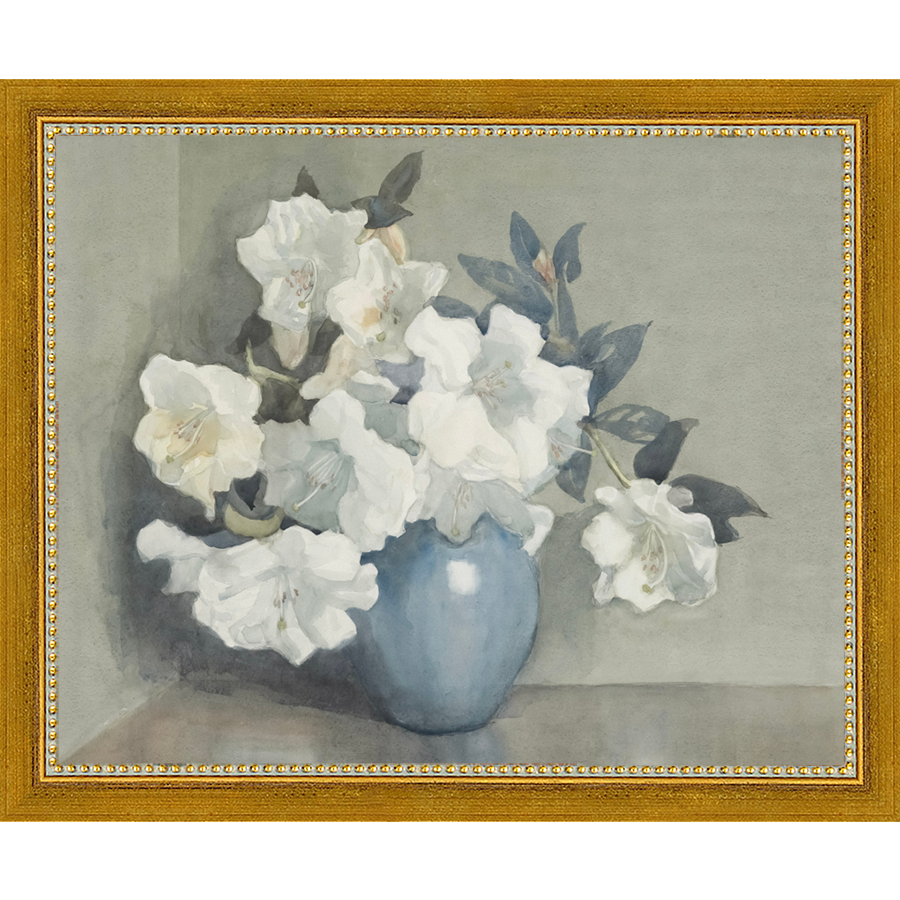 SA350-WHITE FLOWERS IN BLUE VASE Hand framed in a transitional gold frame. Finished Size: W 11.25 in x H 9.25 in
