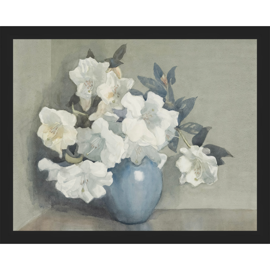 SA350-WHITE FLOWERS IN BLUE VASE Hand framed in a matte black frame. Finished Size: W 15.25 in x H 12.25 in