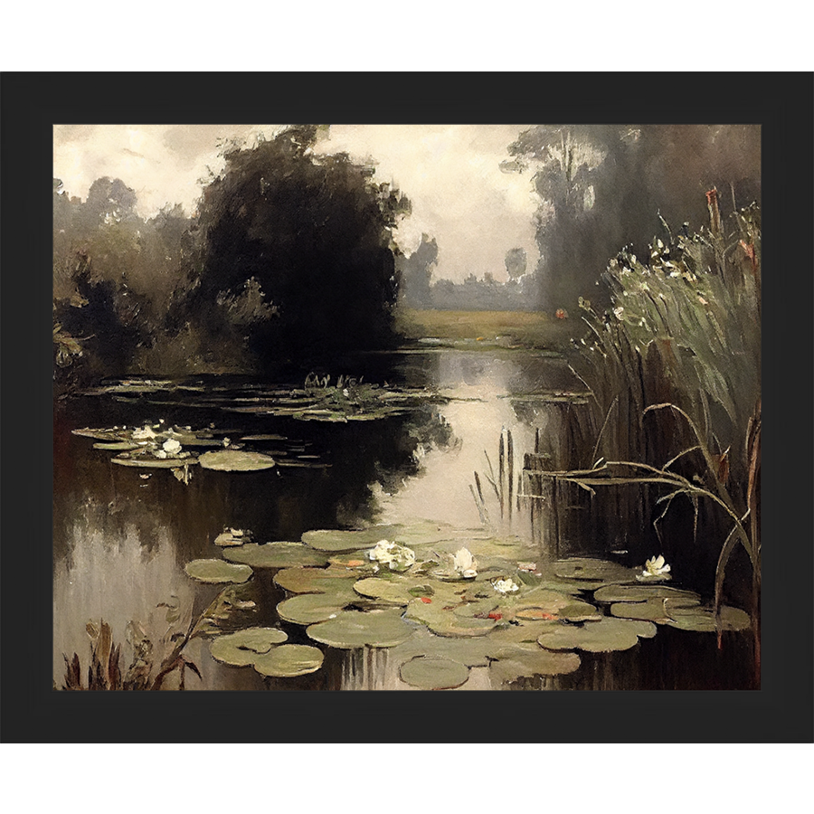 SA352-POND LILIES Hand framed in a matte black frame. Finished Size: W 11.25 in x H 9.25 in
