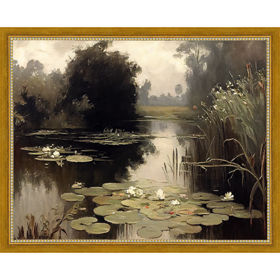 SA352-POND LILIES Hand framed in a transitional gold frame. Finished Size: W 15.25 in x H 12.25 in