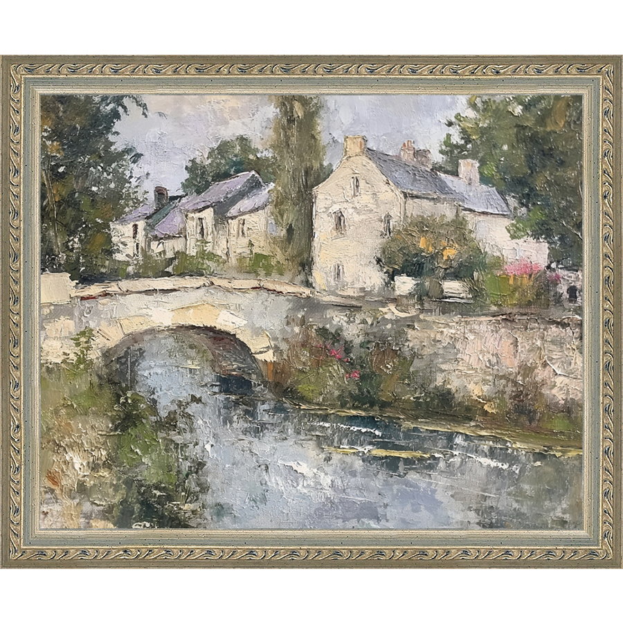 SA353-VILLAGE BRIDGE Hand framed in an ornate dark silver frame. Finished Size: W 11.25 in x H 9.25 in