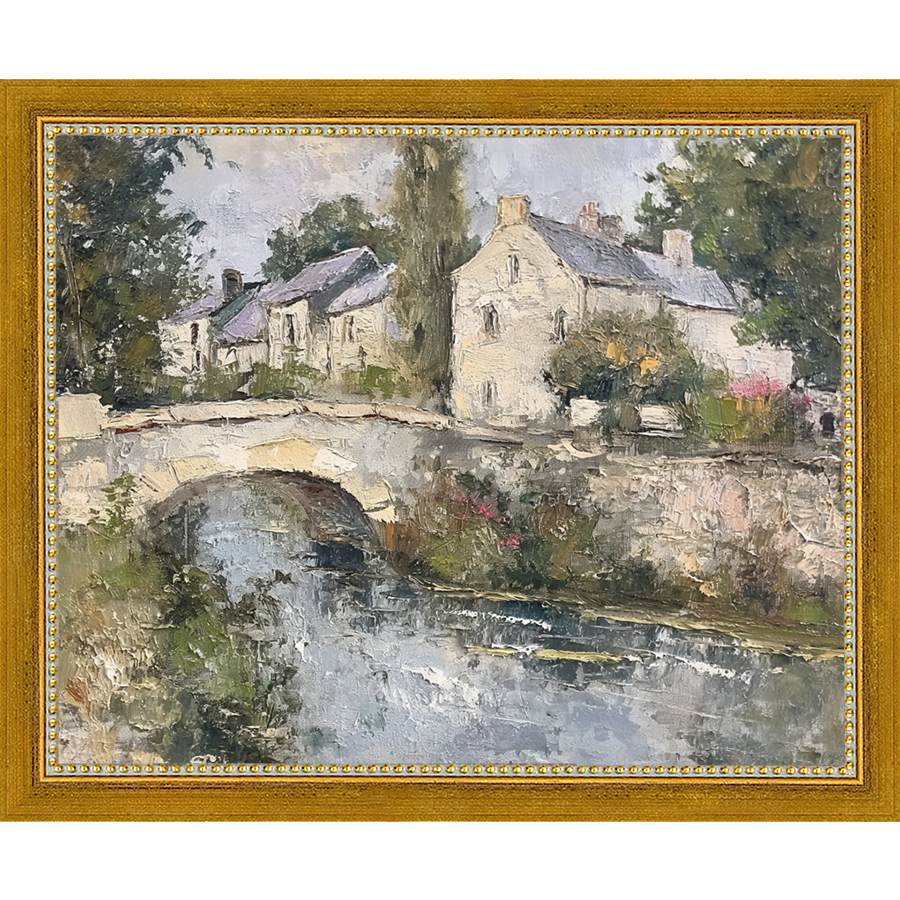 SA353-VILLAGE BRIDGE Hand framed in a transitional gold frame. Finished Size: W 11.25 in x H 9.25 in