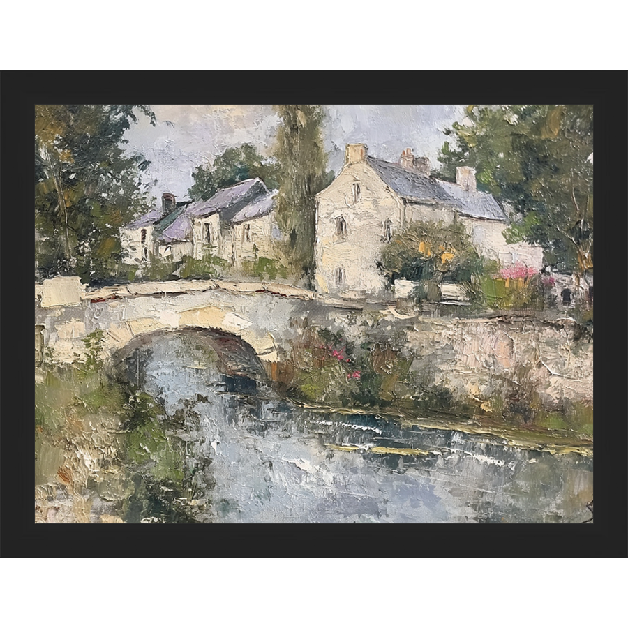 SA353-VILLAGE BRIDGE Hand framed in a matte black frame. Finished Size: W 13.25 in x H 10.25 in