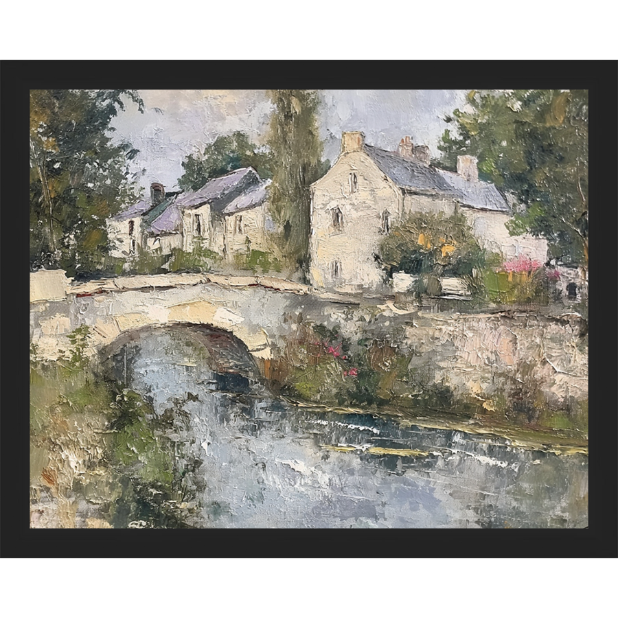 SA353-VILLAGE BRIDGE Hand framed in a matte black frame. Finished Size: W 15.25 in x H 12.25 in