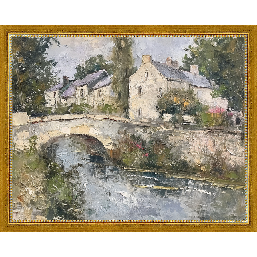 SA353-VILLAGE BRIDGE Hand framed in a transitional gold frame. Finished Size: W 15.25 in x H 12.25 in
