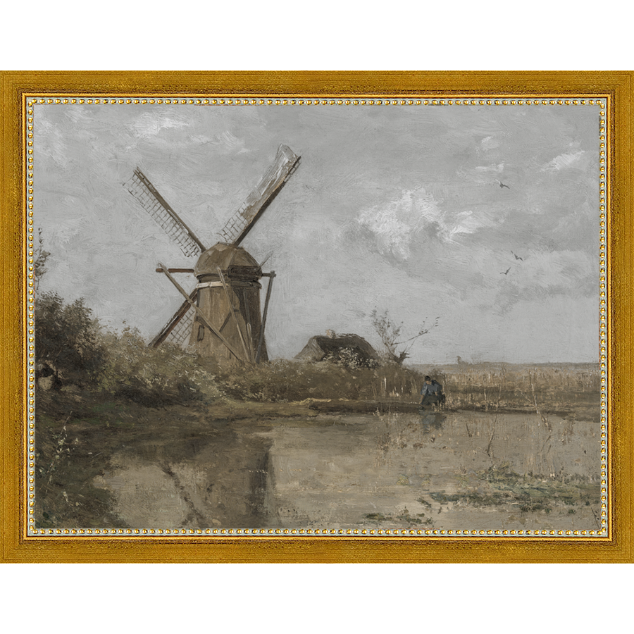 SA355-WINDMILL Hand framed in a transitional gold frame. Finished Size: W 13.25 in x H 10.25 in