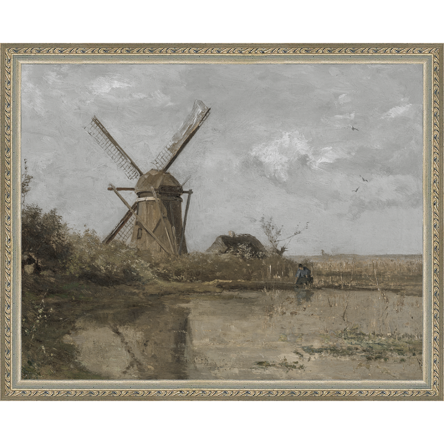 SA355-WINDMILL Hand framed in an ornate dark silver frame. Finished Size: W 15.25 in x H 12.25 in