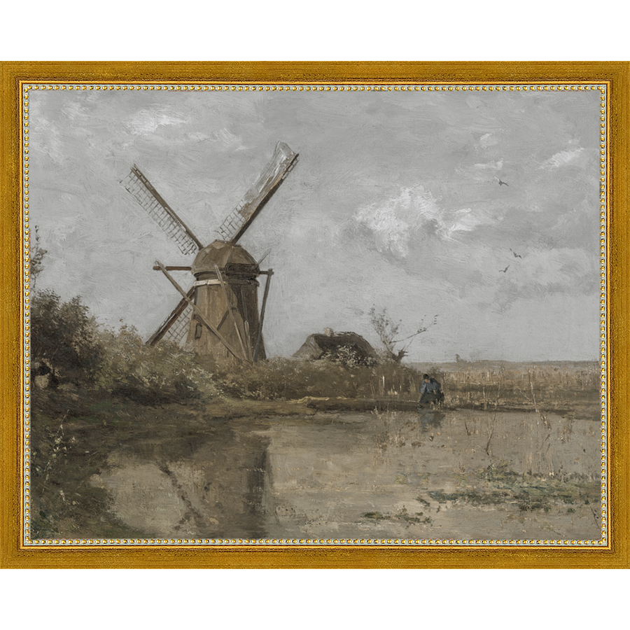 SA355-WINDMILL Hand framed in a transitional gold frame. Finished Size: W 15.25 in x H 12.25 in
