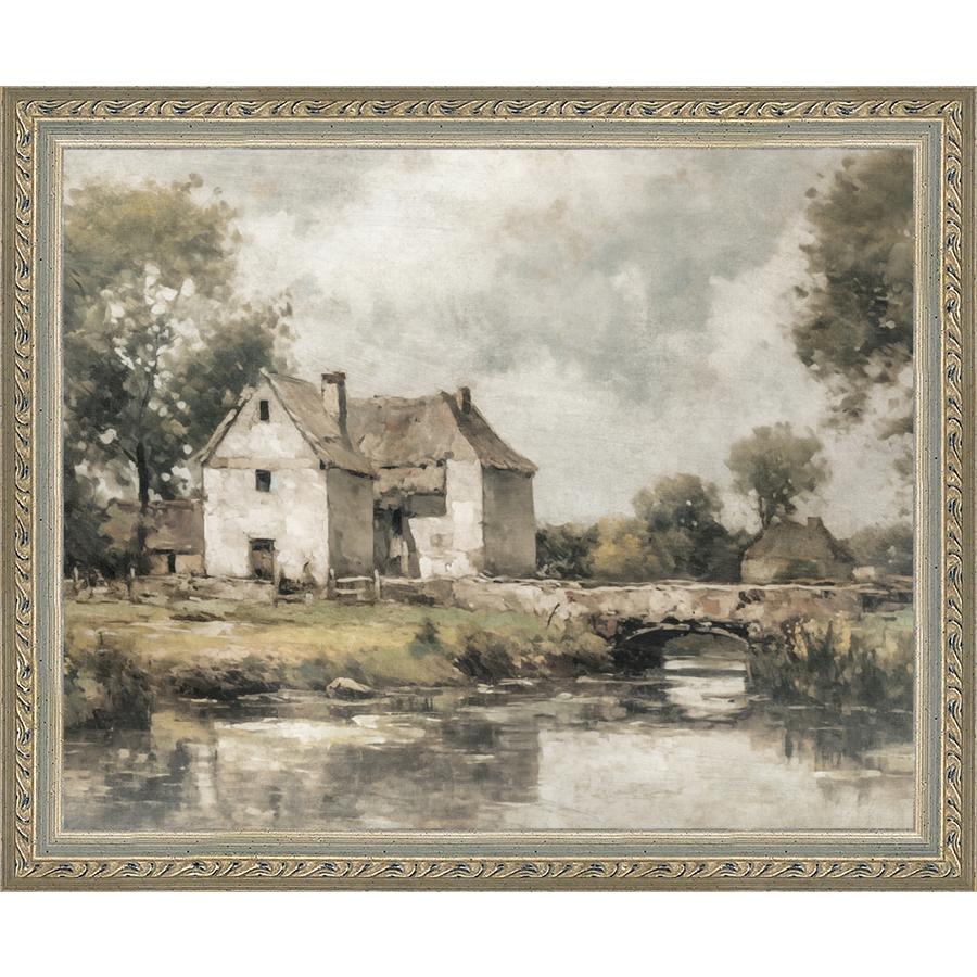 SA356-WHITE COTTAGE Hand framed in an ornate dark silver frame. Finished Size: W 11.25 in x H 9.25 in
