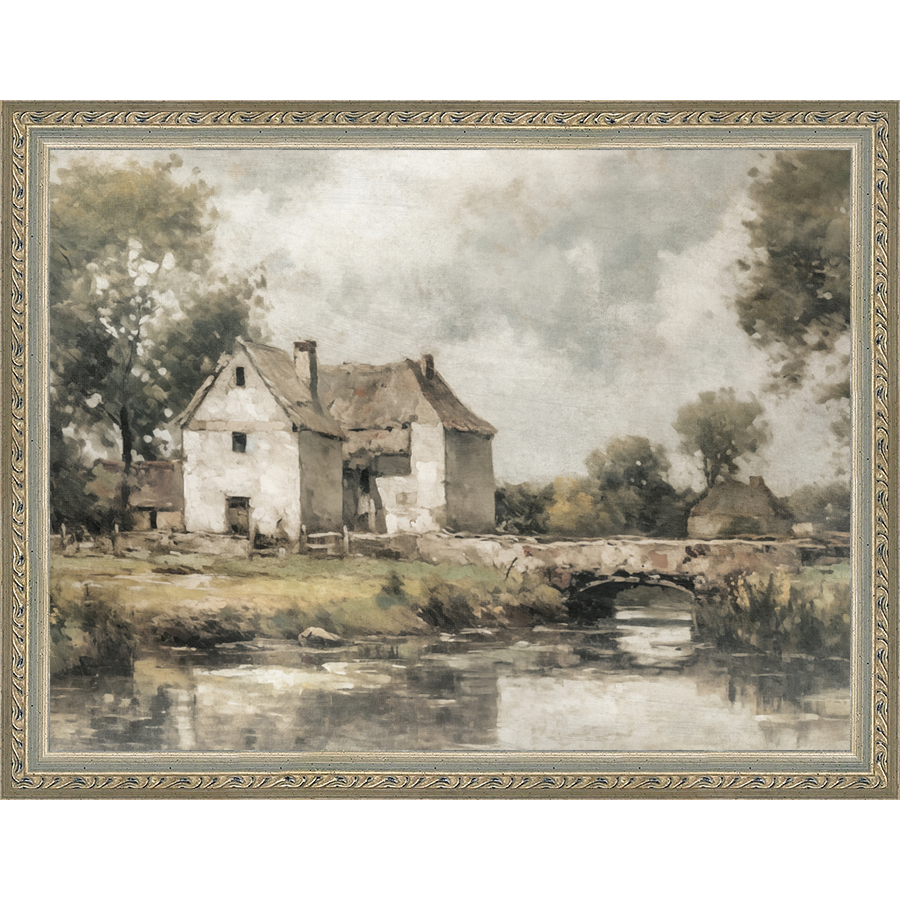 SA356-WHITE COTTAGE Hand framed in an ornate dark silver frame. Finished Size: W 13.25 in x H 10.25 in