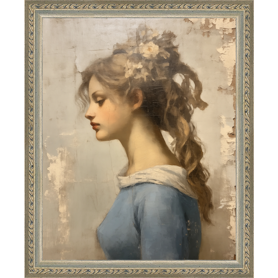 SA358-MAIDEN IN BLUE Hand framed in an ornate dark silver frame. Finished Size: W 9.25 in x H 11.25 in
