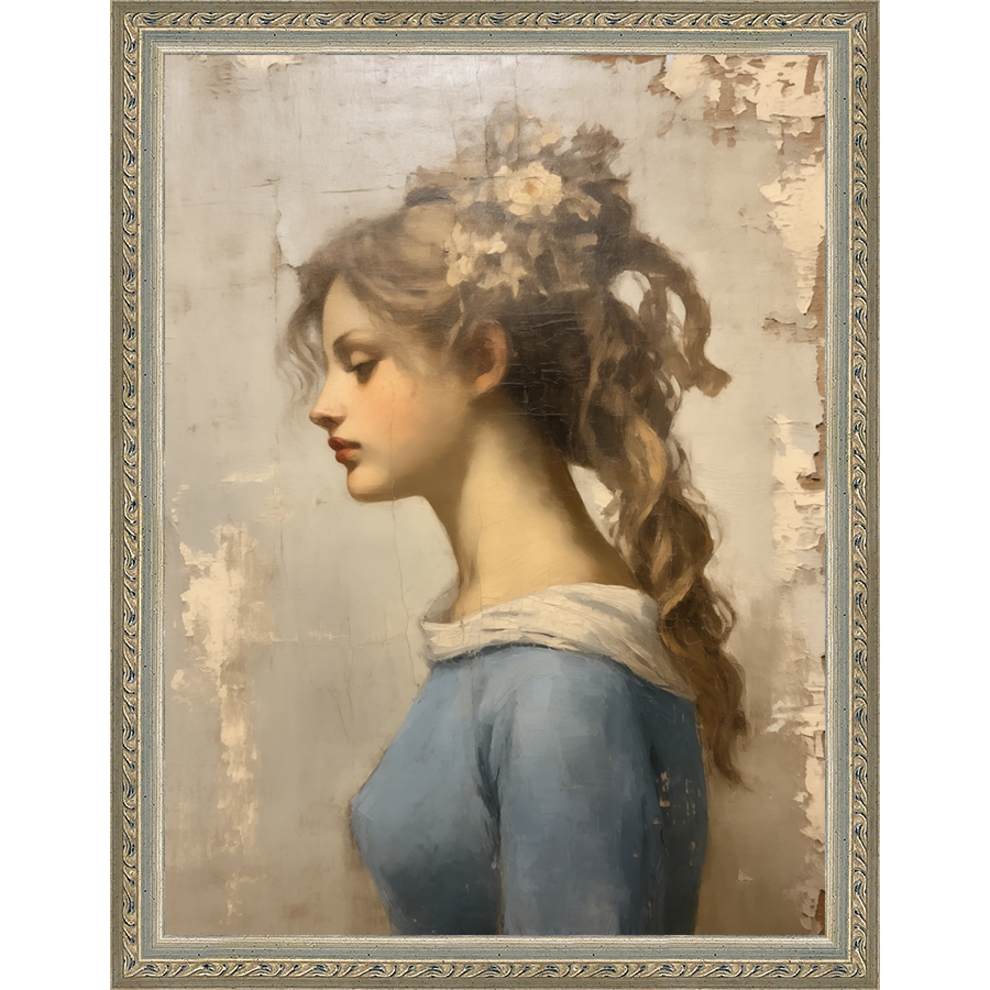 SA358-MAIDEN IN BLUE Hand framed in an ornate dark silver frame. Finished Size: W 10.25 in x H 13.25 in