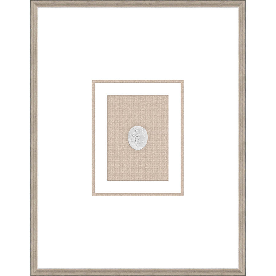 NG001-BACCHANAL WOMAN Shadow Box framed in an antiqued silver frame on a natural linen mat. Finished Size: W 18.00 in x H 23.00 in
