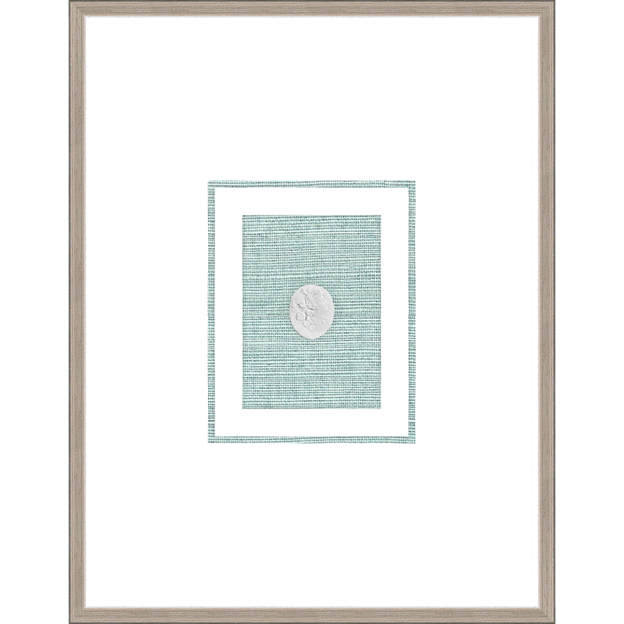 NG001-BACCHANAL WOMAN Shadow Box framed in an antiqued silver frame on a green hemp mat. Finished Size: W 18.00 in x H 23.00 in