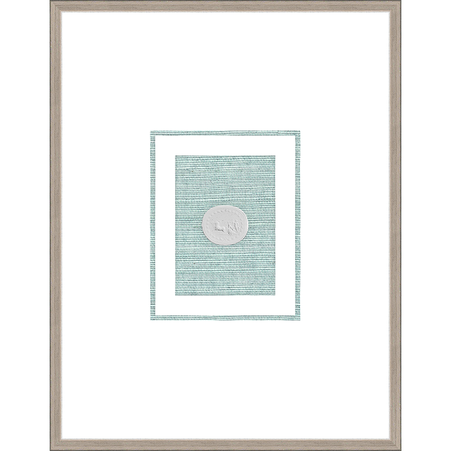 NG002-CHARIOT Shadow Box framed in an antiqued silver frame on a green hemp mat. Finished Size: W 18.00 in x H 23.00 in