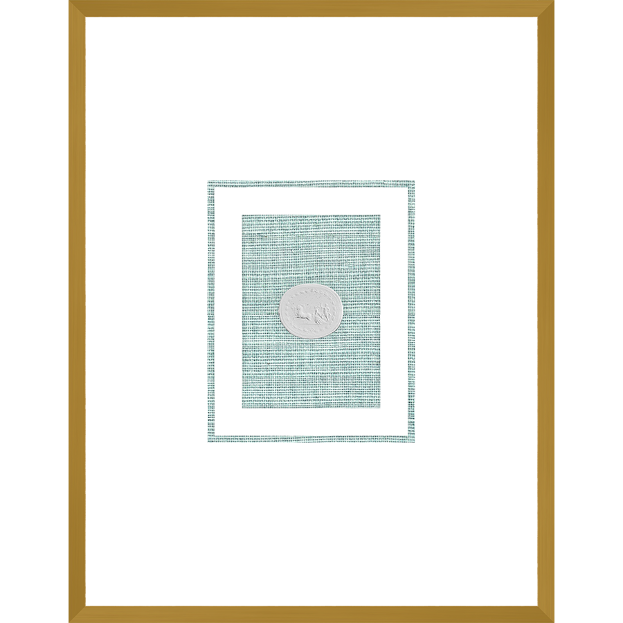 NG002-CHARIOT Shadow Box framed in an antiqued gold frame on a green hemp mat. Finished Size: W 18.00 in x H 23.00 in