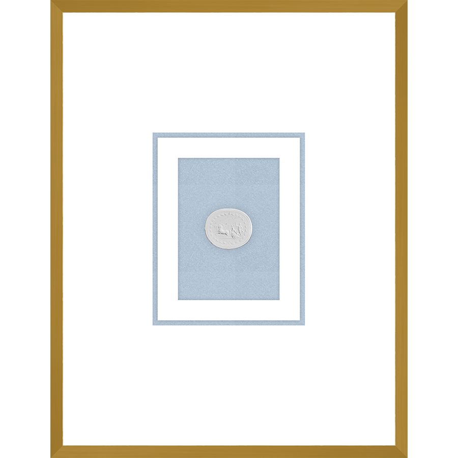 NG002-CHARIOT Shadow Box framed in an antiqued gold frame on a fountain blue mat. Finished Size: W 18.00 in x H 23.00 in