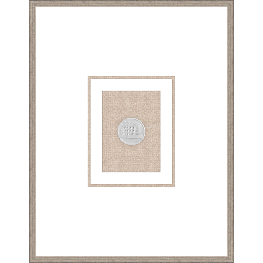 NG003-COLISEUM Shadow Box framed in an antiqued silver frame on a natural linen mat. Finished Size: W 18.00 in x H 23.00 in