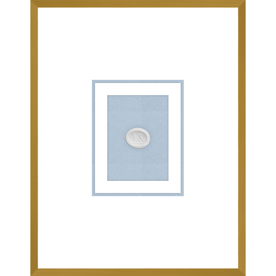 NG004-DANCING NYMPHS Shadow Box framed in an antiqued gold frame on a fountain blue mat. Finished Size: W 18.00 in x H 23.00 in