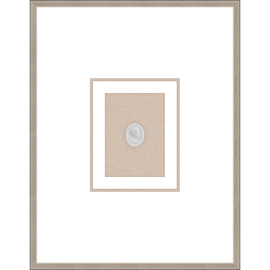NG005-EMPEROR IN REGALIA Shadow Box framed in an antiqued silver frame on a natural linen mat. Finished Size: W 18.00 in x H 23.00 in