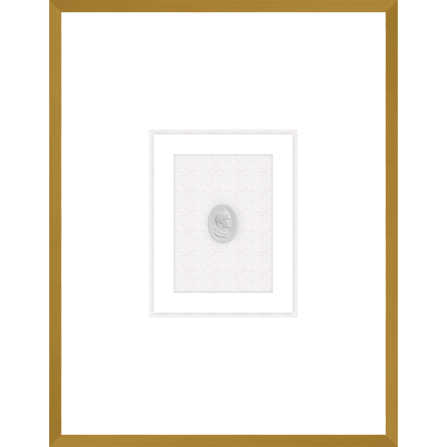 NG005-EMPEROR IN REGALIA Shadow Box framed in an antiqued gold frame on a white raglin mat. Finished Size: W 18.00 in x H 23.00 in