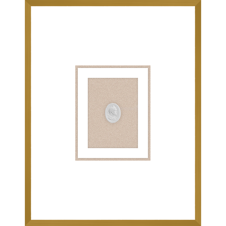 NG005-EMPEROR IN REGALIA Shadow Box framed in an antiqued gold frame on a natural linen mat. Finished Size: W 18.00 in x H 23.00 in