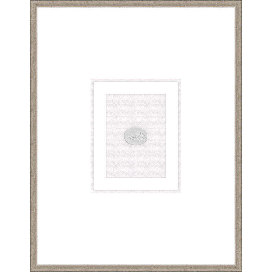 NG008-LION AND POSEIDON Shadow Box framed in an antiqued silver frame on a white raglin mat. Finished Size: W 18.00 in x H 23.00 in