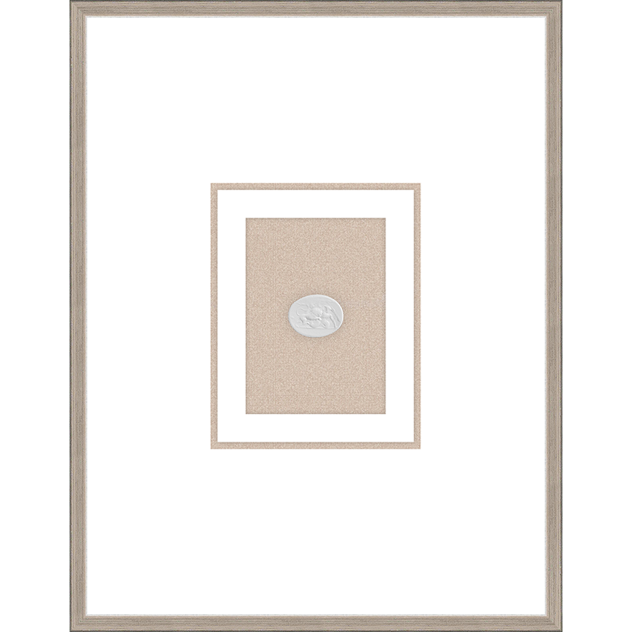 NG008-LION AND POSEIDON Shadow Box framed in an antiqued silver frame on a natural linen mat. Finished Size: W 18.00 in x H 23.00 in