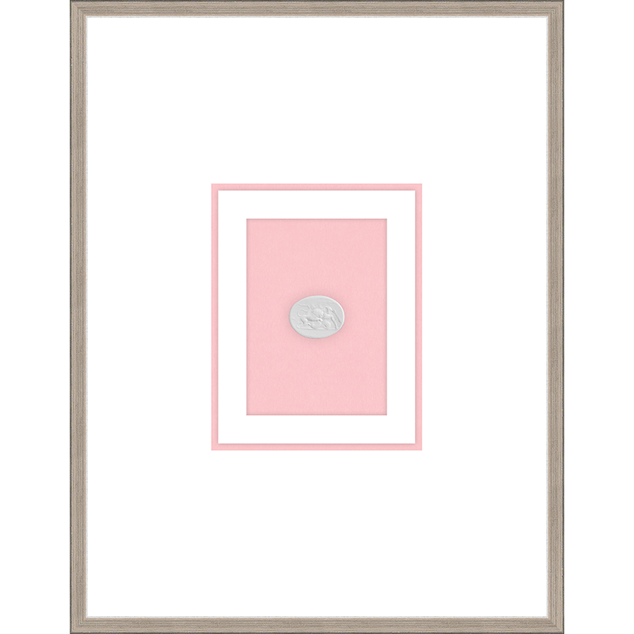 NG008-LION AND POSEIDON Shadow Box framed in an antiqued silver frame on a blush pink mat. Finished Size: W 18.00 in x H 23.00 in