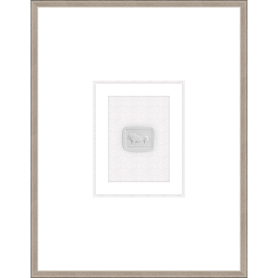 NG009-LION Shadow Box framed in an antiqued silver frame on a white raglin mat. Finished Size: W 18.00 in x H 23.00 in