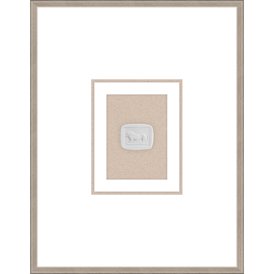 NG009-LION Shadow Box framed in an antiqued silver frame on a natural linen mat. Finished Size: W 18.00 in x H 23.00 in