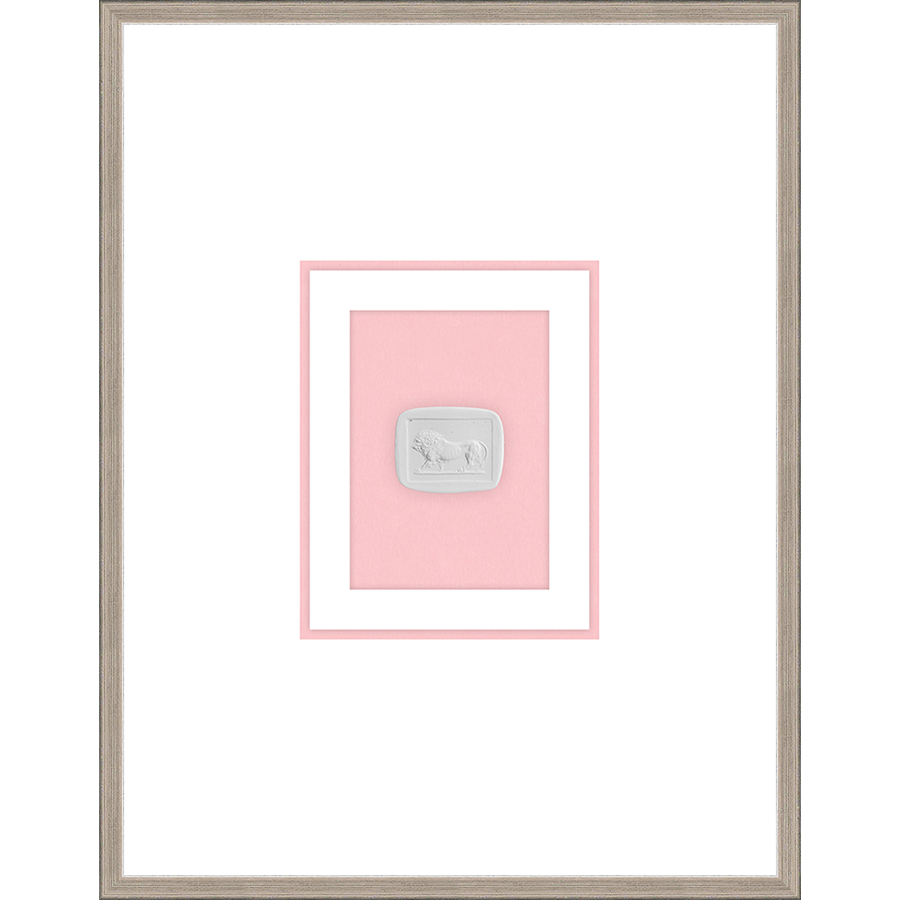 NG009-LION Shadow Box framed in an antiqued silver frame on a blush pink mat. Finished Size: W 18.00 in x H 23.00 in