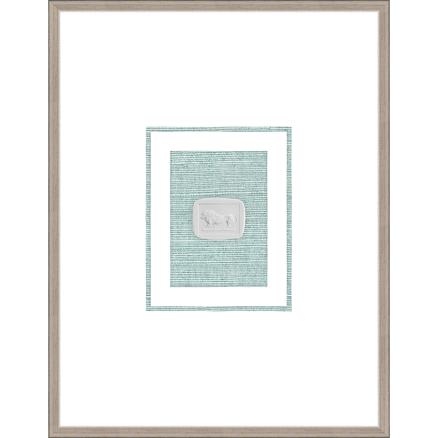 NG009-LION Shadow Box framed in an antiqued silver frame on a green hemp mat. Finished Size: W 18.00 in x H 23.00 in