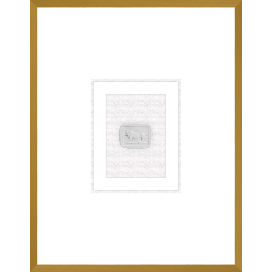 NG009-LION Shadow Box framed in an antiqued gold frame on a white raglin mat. Finished Size: W 18.00 in x H 23.00 in