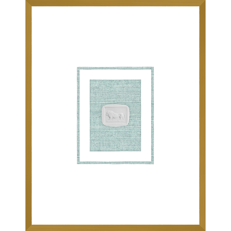 NG009-LION Shadow Box framed in an antiqued gold frame on a green hemp mat. Finished Size: W 18.00 in x H 23.00 in