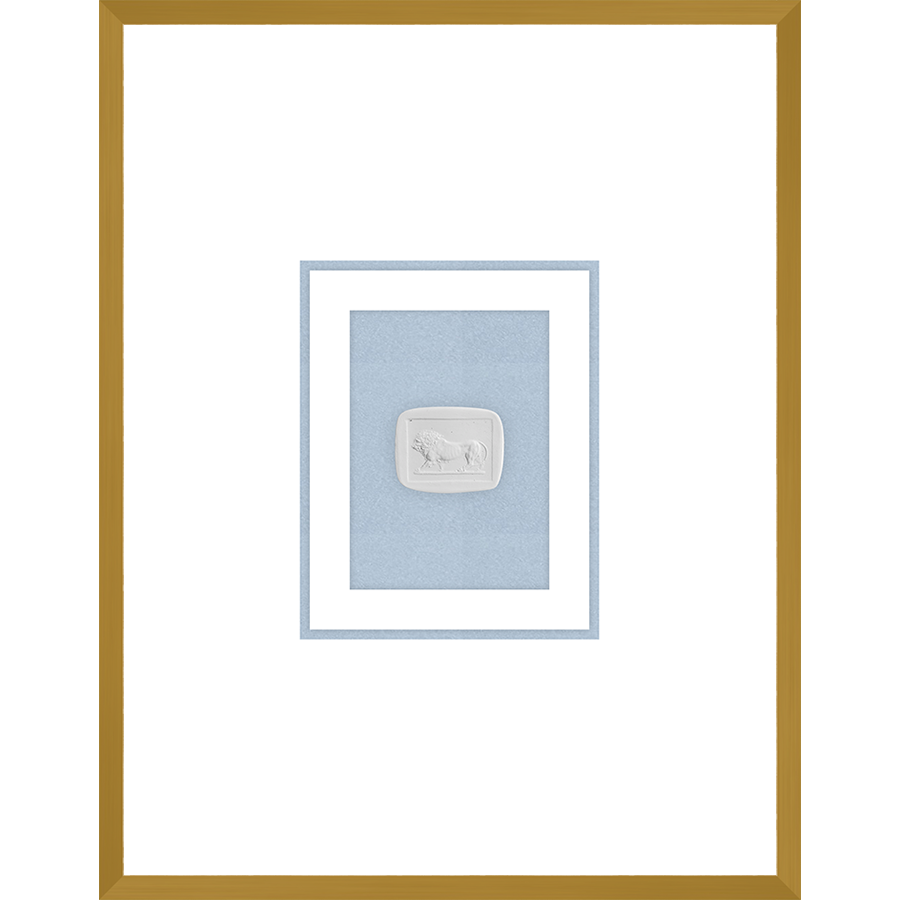 NG009-LION Shadow Box framed in an antiqued gold frame on a fountain blue mat. Finished Size: W 18.00 in x H 23.00 in