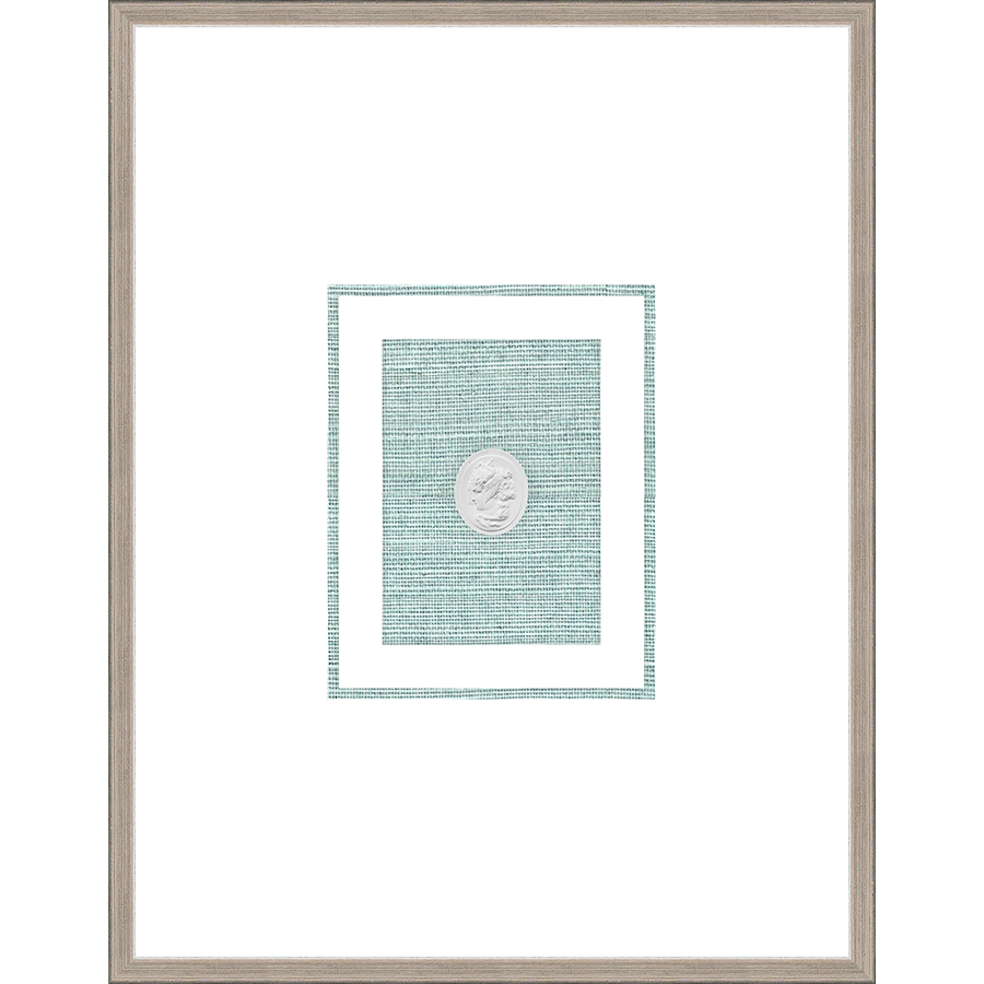 NG010-MEDUSA LEFT FACING Shadow Box framed in an antiqued silver frame on a green hemp mat. Finished Size: W 18.00 in x H 23.00 in