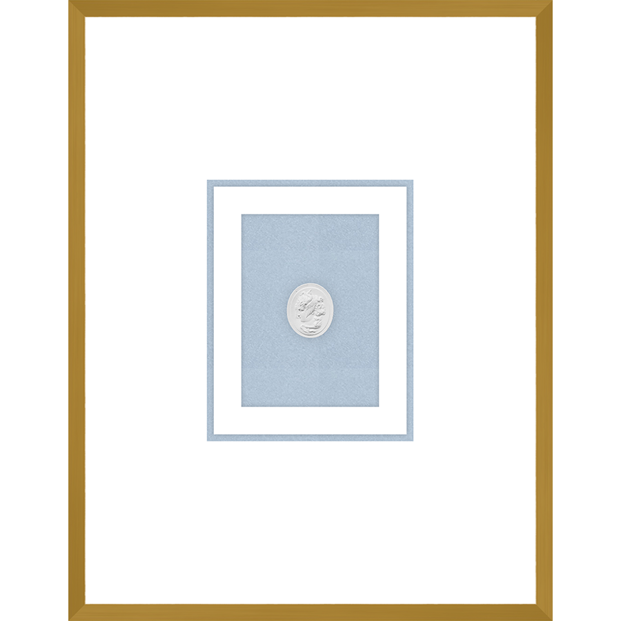 NG010-MEDUSA LEFT FACING Shadow Box framed in an antiqued gold frame on a fountain blue mat. Finished Size: W 18.00 in x H 23.00 in