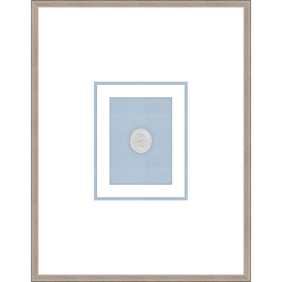 NG011-MEDUSA RIGHT FACING Shadow Box framed in an antiqued silver frame on a fountain blue mat. Finished Size: W 18.00 in x H 23.00 in