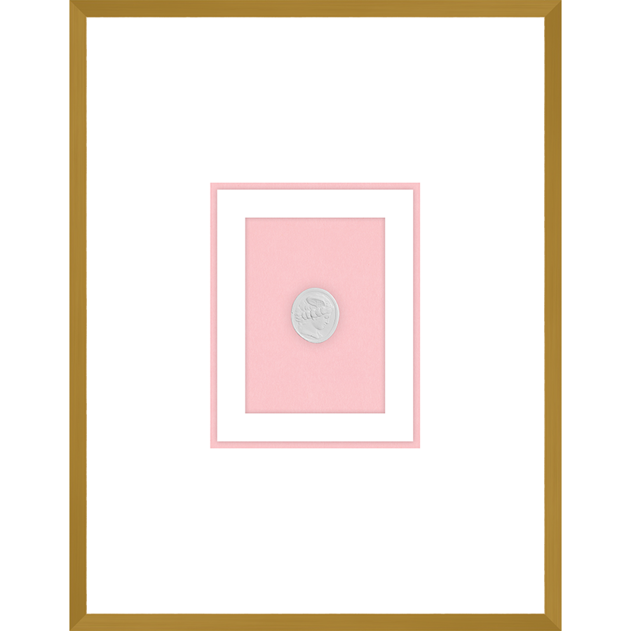 NG011-MEDUSA RIGHT FACING Shadow Box framed in an antiqued gold frame on a blush pink mat. Finished Size: W 18.00 in x H 23.00 in