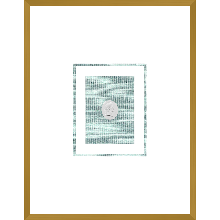 NG012-MUSICIAN Shadow Box framed in an antiqued gold frame on a green hemp mat. Finished Size: W 18.00 in x H 23.00 in