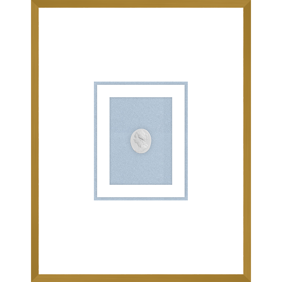 NG013-NOBLE WOMAN Shadow Box framed in an antiqued gold frame on a fountain blue mat. Finished Size: W 18.00 in x H 23.00 in