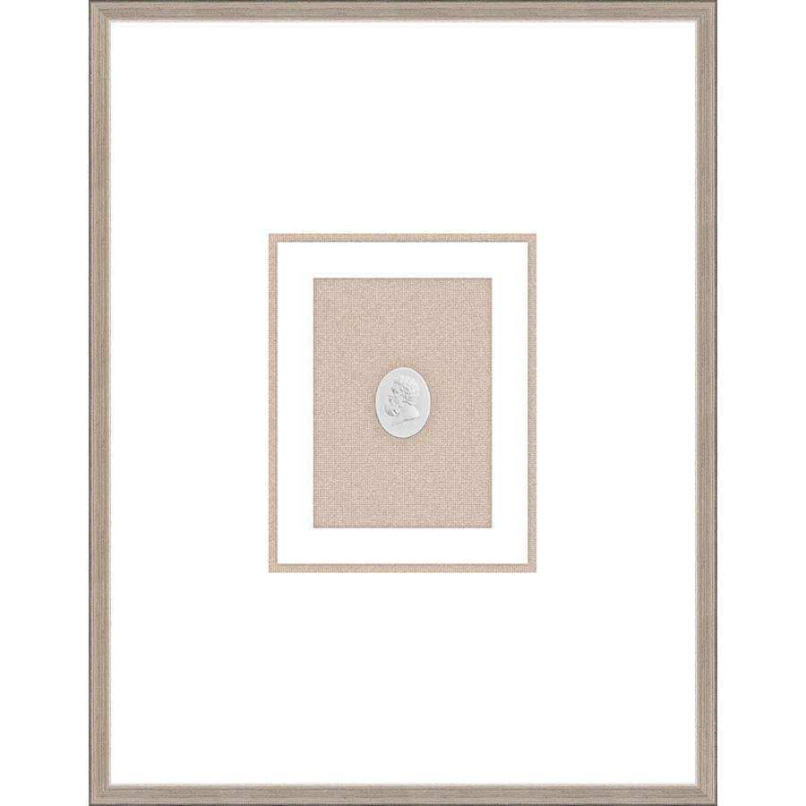 NG014-PHILOSOPHER Shadow Box framed in an antiqued silver frame on a natural linen mat. Finished Size: W 18.00 in x H 23.00 in