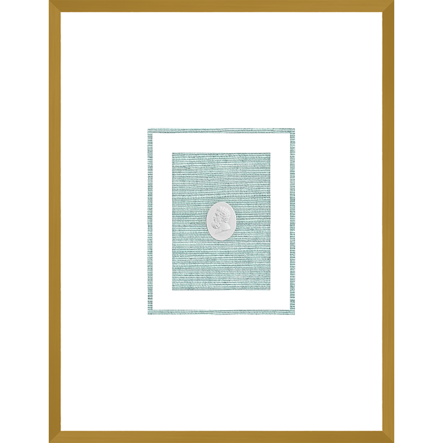 NG014-PHILOSOPHER Shadow Box framed in an antiqued gold frame on a green hemp mat. Finished Size: W 18.00 in x H 23.00 in