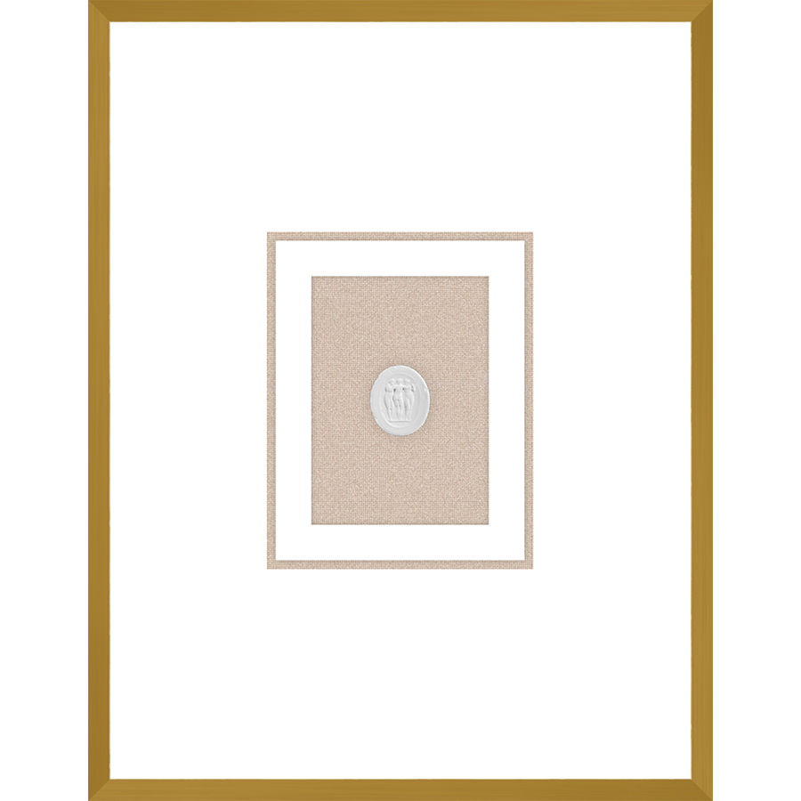 NG016-TRIO OF NYMPHS Shadow Box framed in an antiqued gold frame on a natural linen mat. Finished Size: W 18.00 in x H 23.00 in