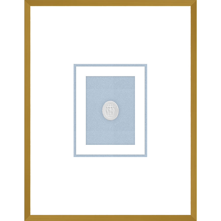 NG016-TRIO OF NYMPHS Shadow Box framed in an antiqued gold frame on a fountain blue mat. Finished Size: W 18.00 in x H 23.00 in