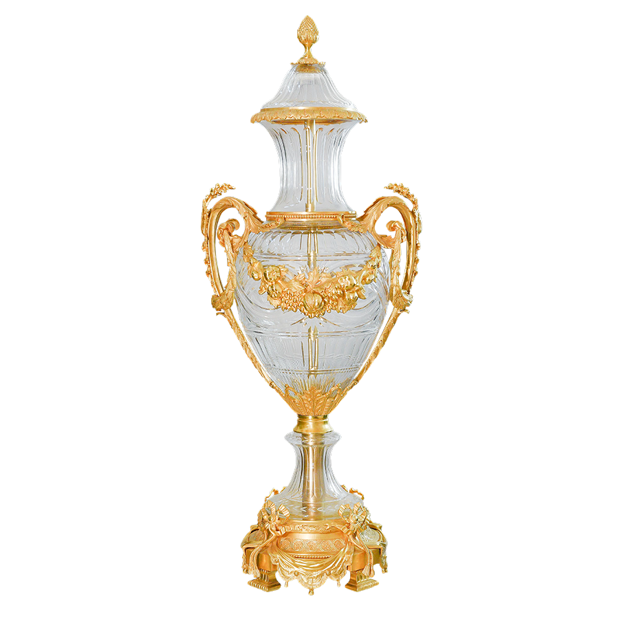 Our European handcrafted Neoclassical Crystal Vase With Garland in Crystal and Ormolu