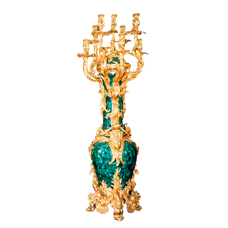 Our European handcrafted Malachite Rococo Candelabra in Malachite and Ormolu