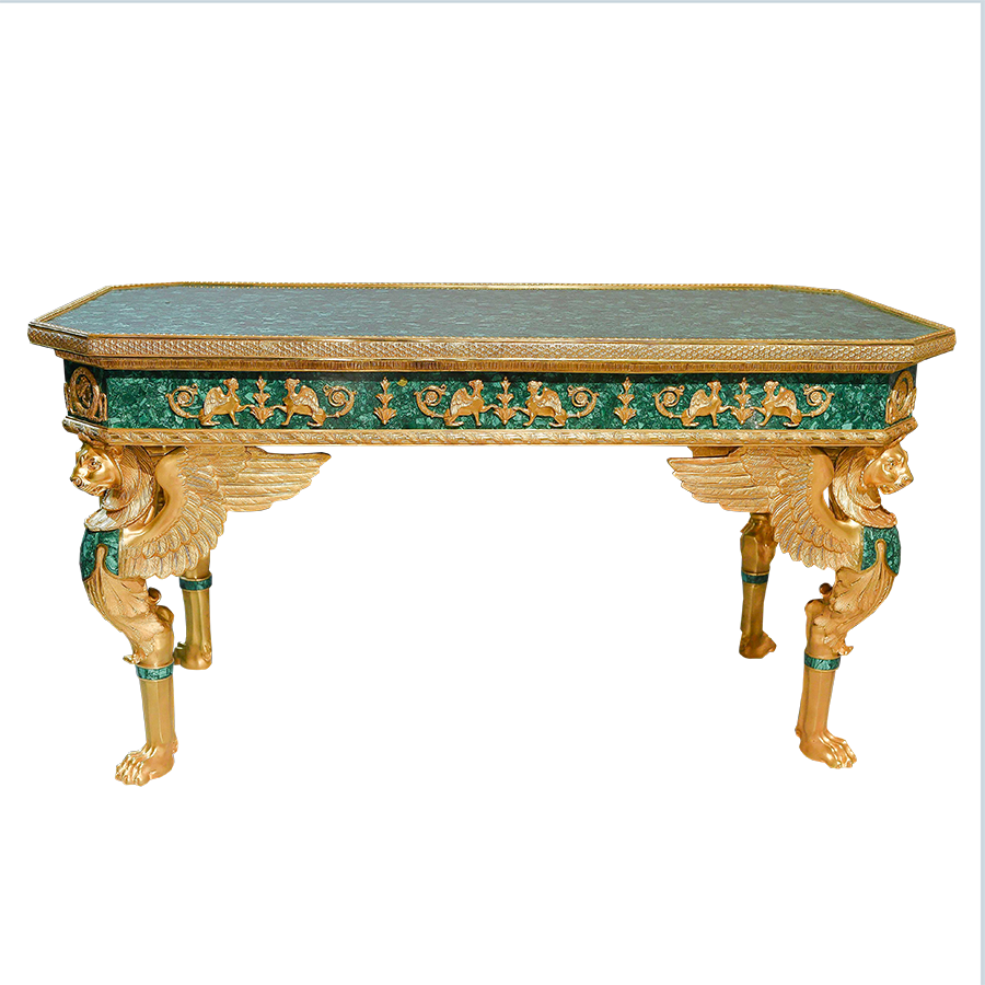 Our European handcrafted French Empire Table With Winged Lions in Malachite and Ormolu